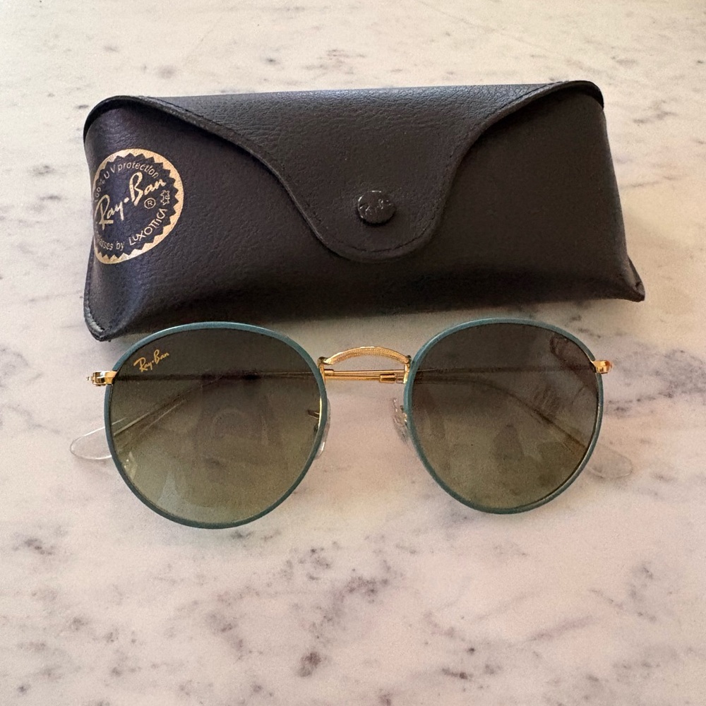 Ray-Ban Round Sunglasses Green Gold Frame with Case